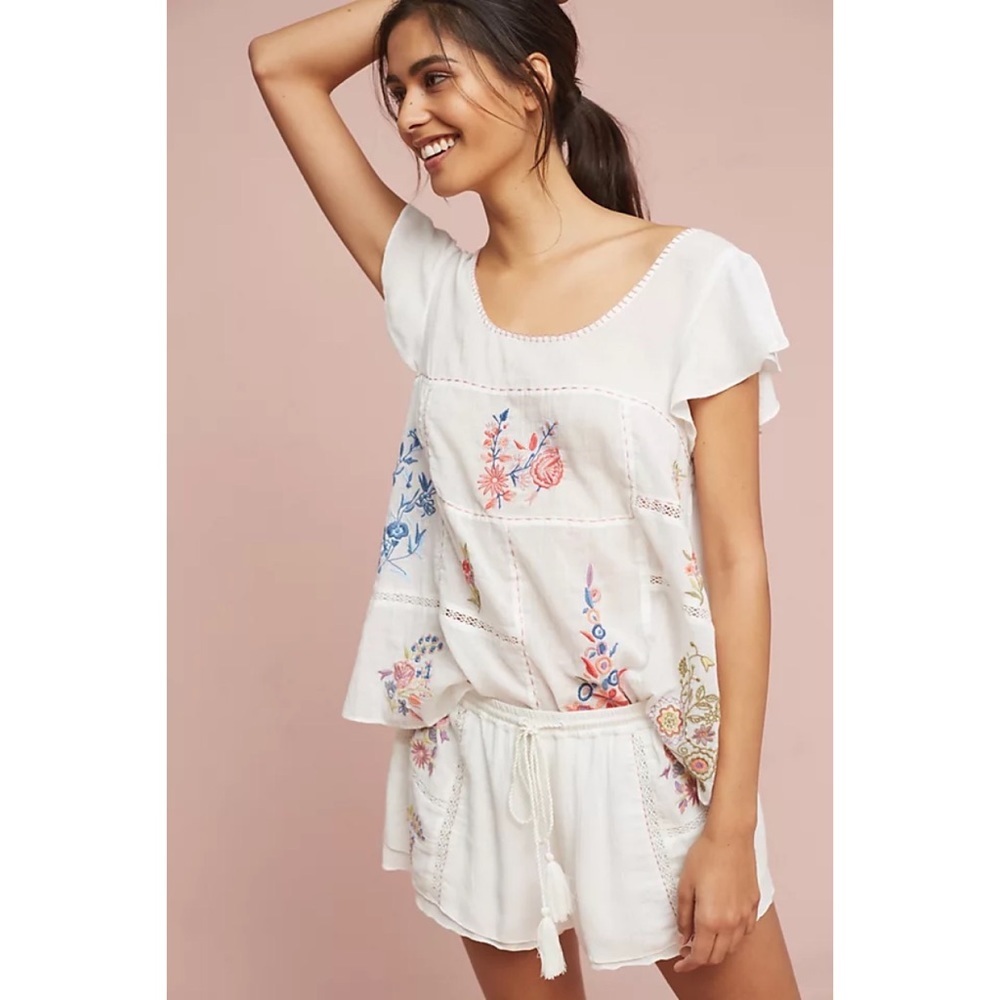 Anthropologie White Floral Embroidered Peasant Blouse